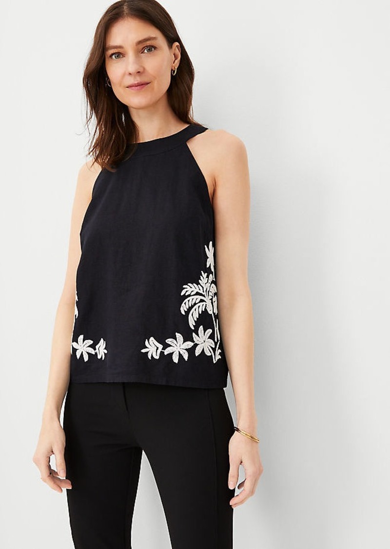 Ann Taylor Palm Embroidered Linen Blend Halter Top