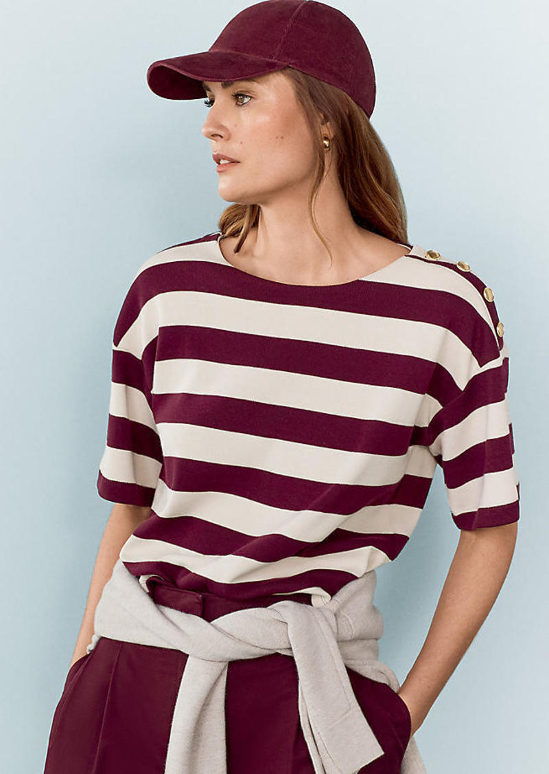 Ann Taylor Petite Stripe Ribbed Shoulder Button Tee