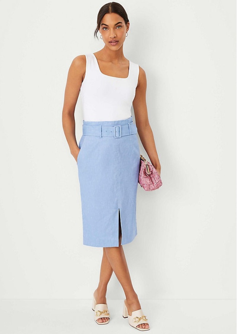 Ann Taylor Petite Chambray Linen Blend Belted Front Slit Pencil Skirt