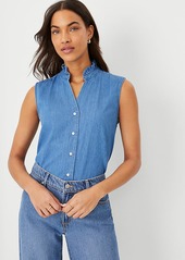 Ann Taylor Petite Chambray Ruffle Button Sleeveless Top