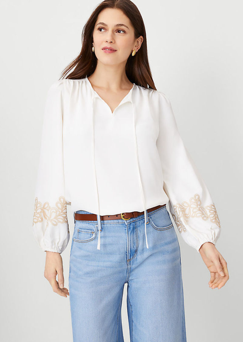 Ann Taylor Petite Embroidered Sleeve Tie Neck Top