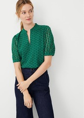 Ann Taylor Petite Eyelet Puff Sleeve Split Neck Top