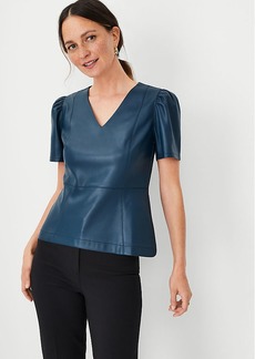 Ann Taylor Petite Faux Leather Puff Sleeve Peplum Top