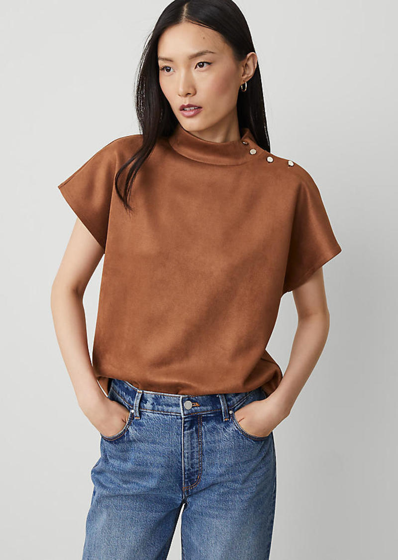 Ann Taylor Petite Faux Suede Shoulder Button Mock Neck Top