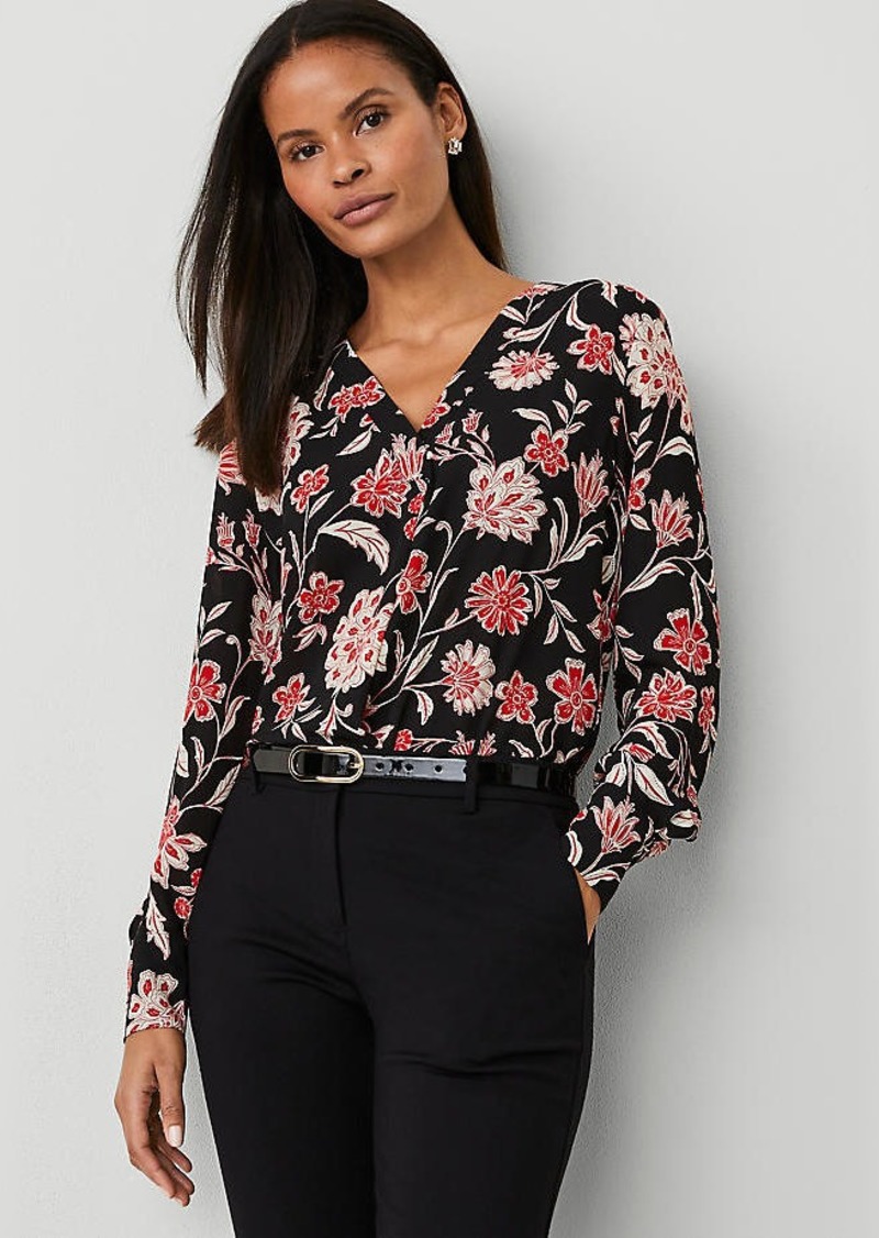 Ann Taylor Petite Floral Mixed Media Pleat Front Top