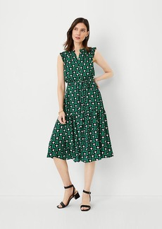 Ann Taylor Petite Floral Tile Ruffle Belted Flare Dress