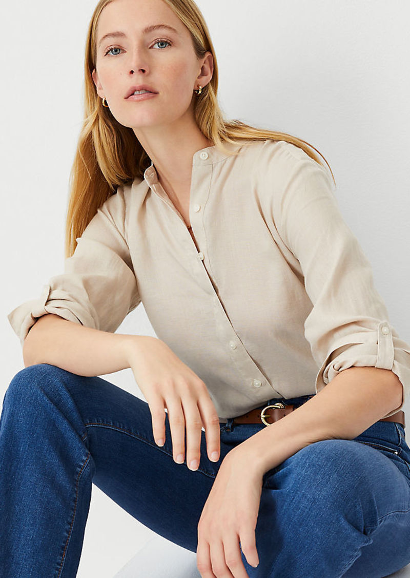 Ann Taylor Petite Linen Relaxed Roll Tab Perfect Shirt