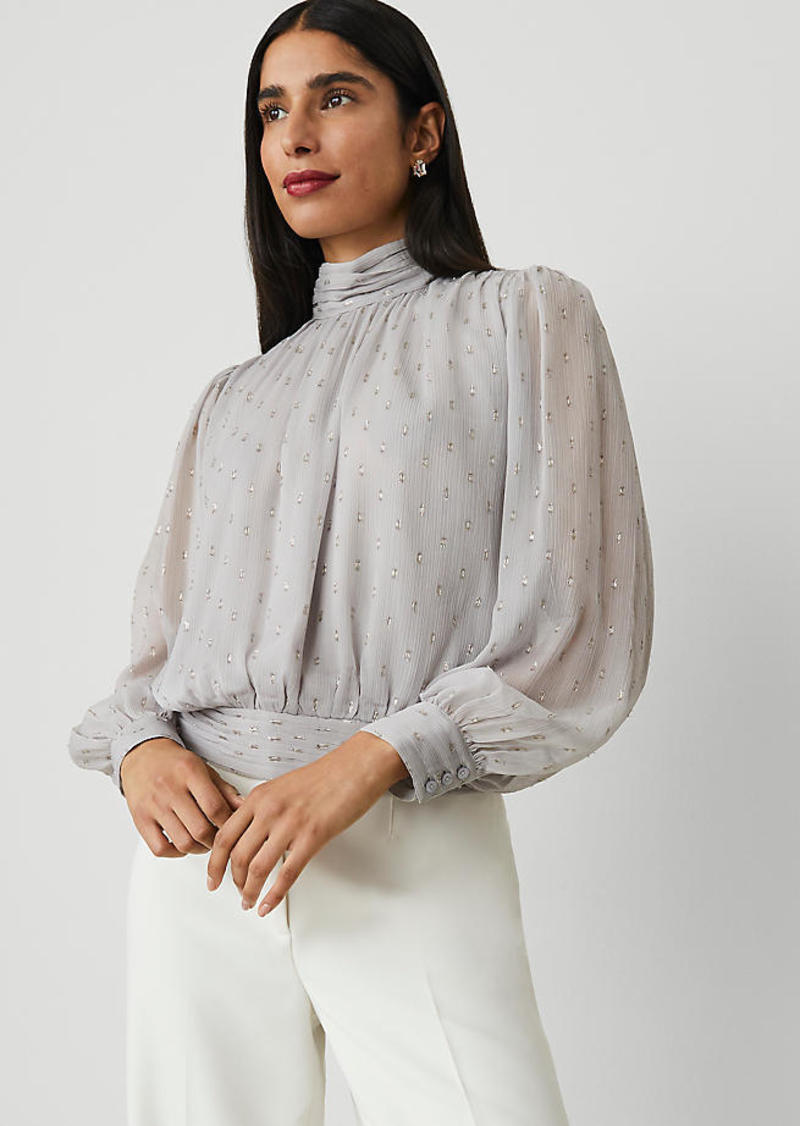 Ann Taylor Petite Lurex Mock Neck Popover Top