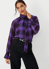 Ann Taylor Petite Plaid Raglan Bow Pleated Cuff Top