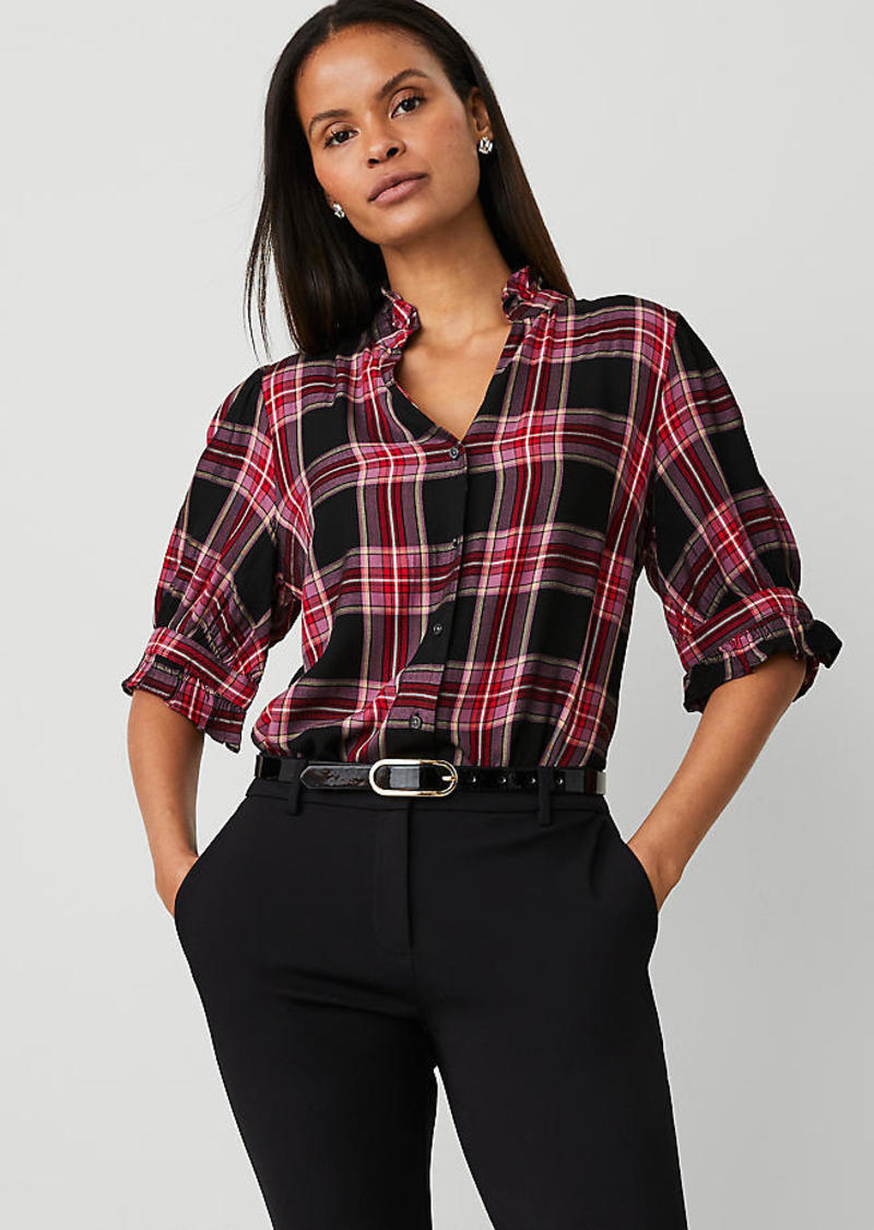 Ann Taylor Petite Plaid Ruffle Button Top