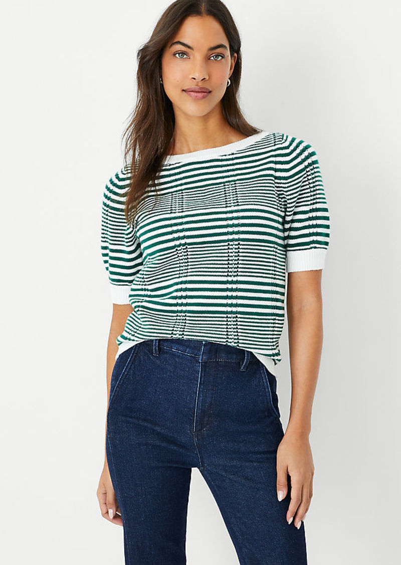 Ann Taylor Petite Plaid Stitch Puff Sleeve Sweater Tee