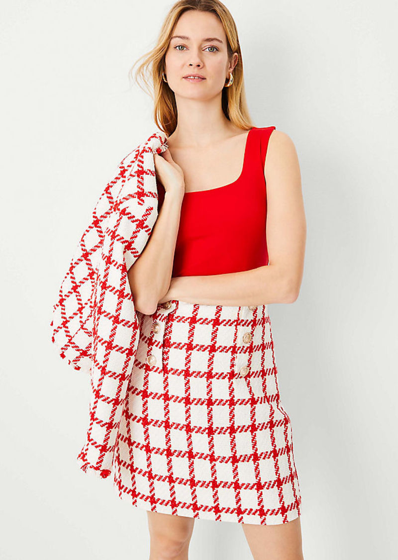 Ann Taylor Petite Plaid Tweed Button A-Line Skirt
