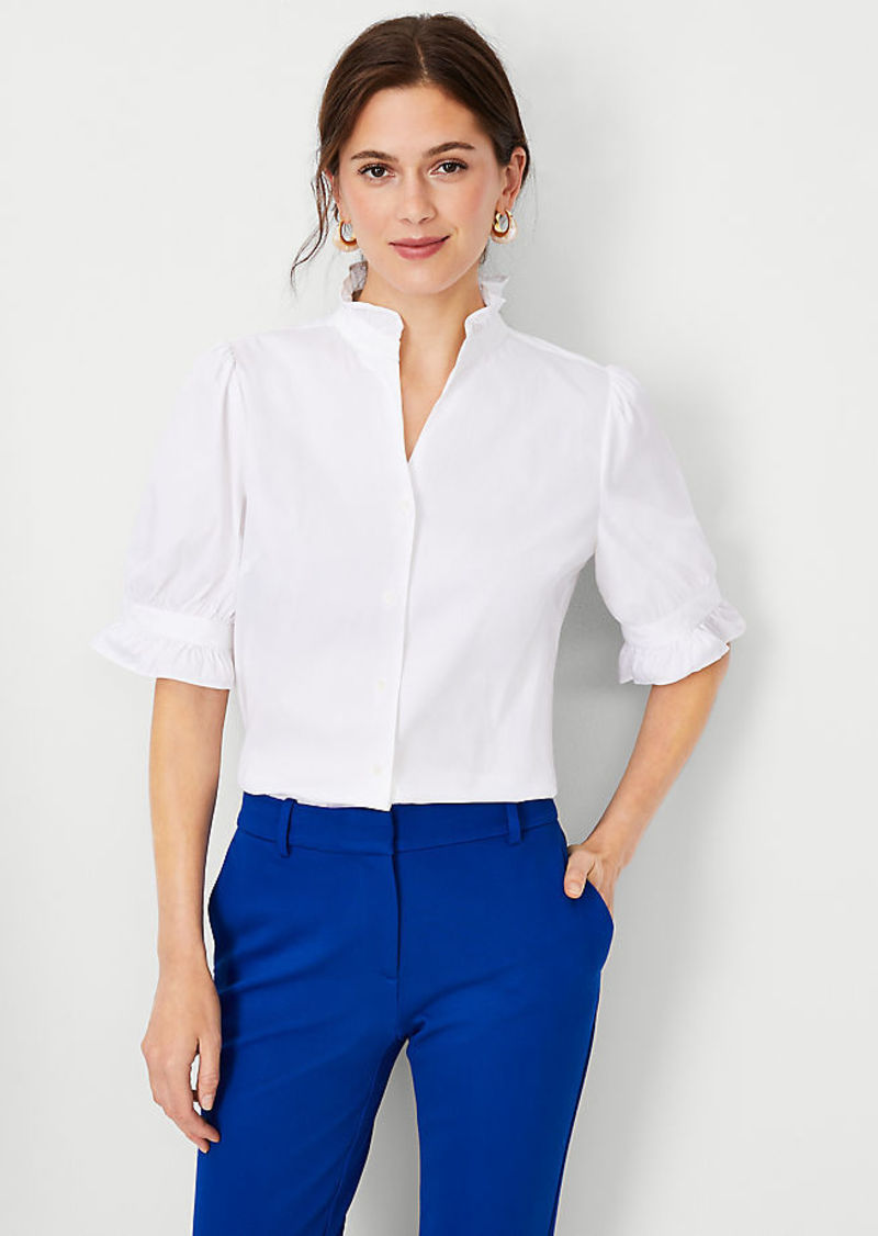 Ann Taylor Petite Poplin Ruffle Button Top