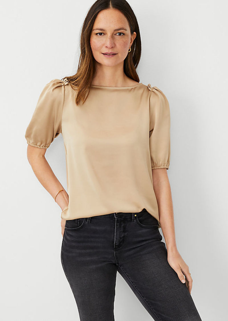 Ann Taylor Petite Shimmer Mixed Media Puff Sleeve Top