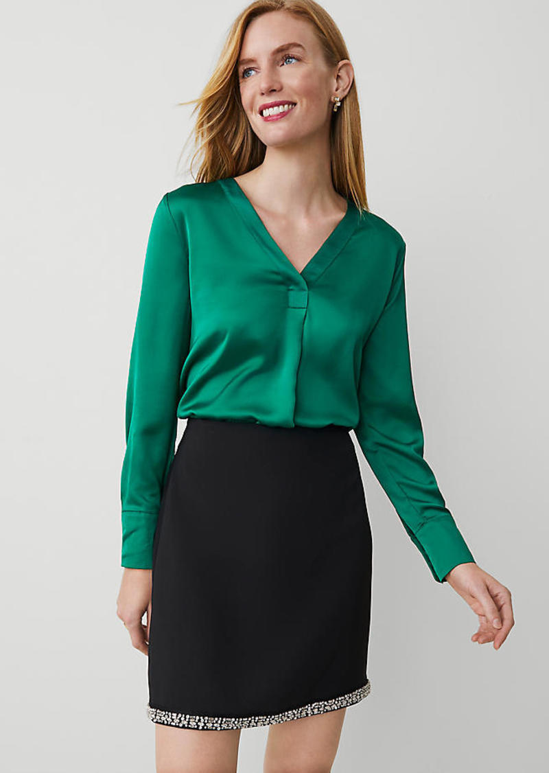 Ann Taylor Petite Shine Woven Pleat-Front Top