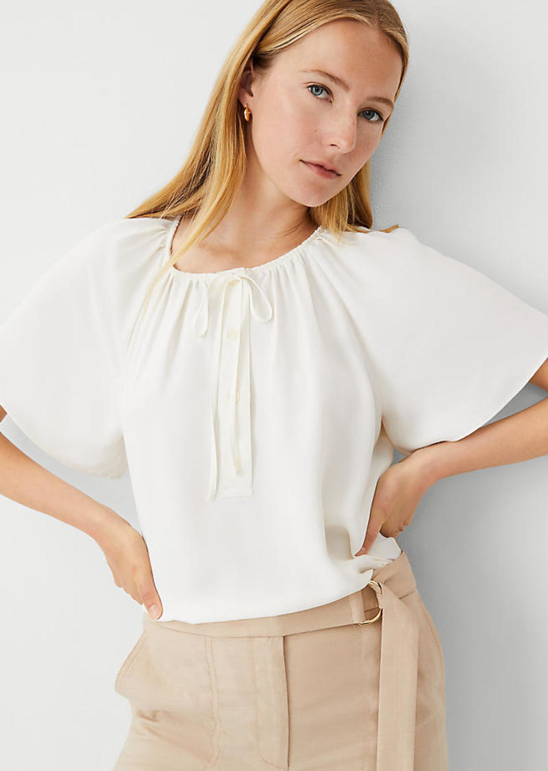 Ann Taylor Petite Shirred Tie Neck Button Popover Top