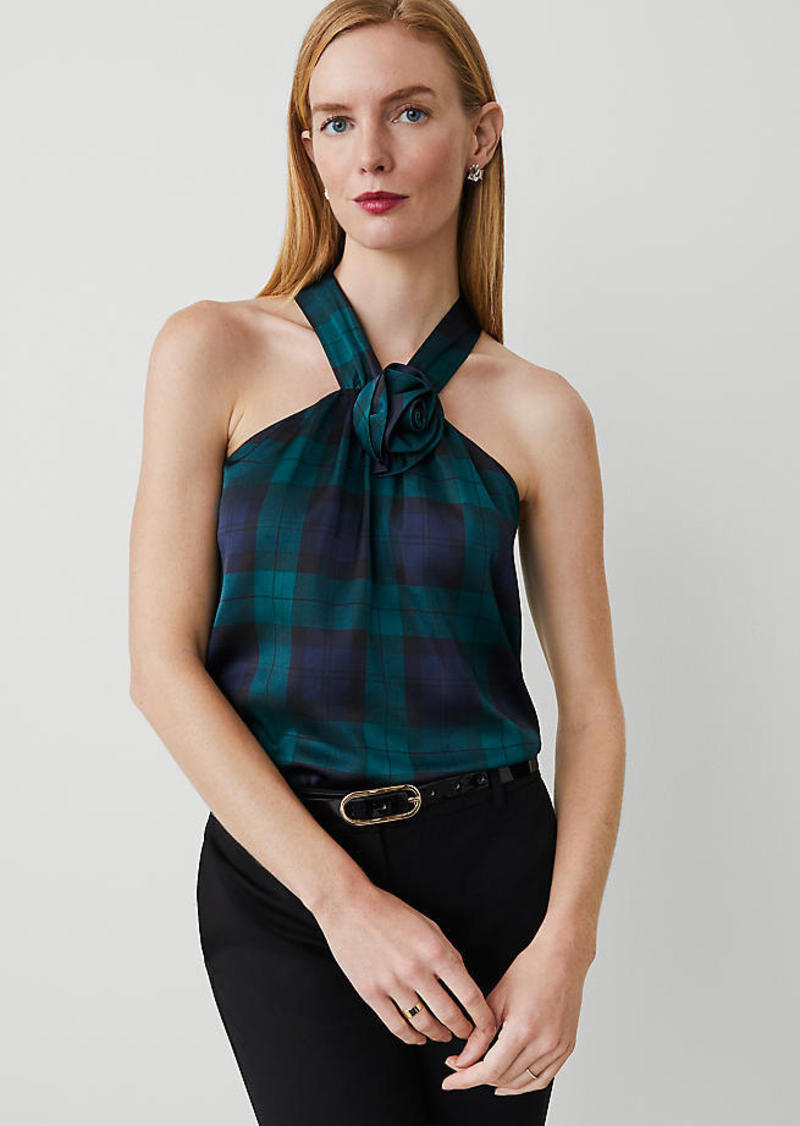 Ann Taylor Petite Tartan Rosette Drape-Neck Halter Top