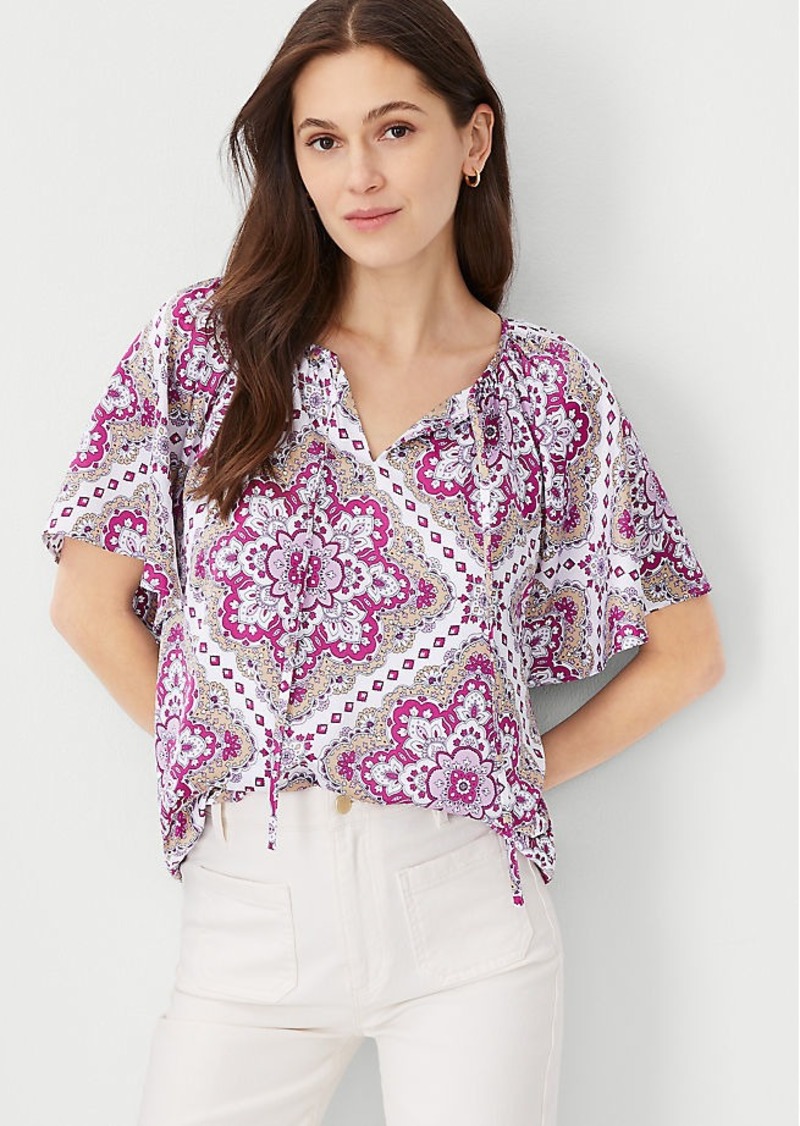 Ann Taylor Petite Tile Flounce Sleeve Popover Top