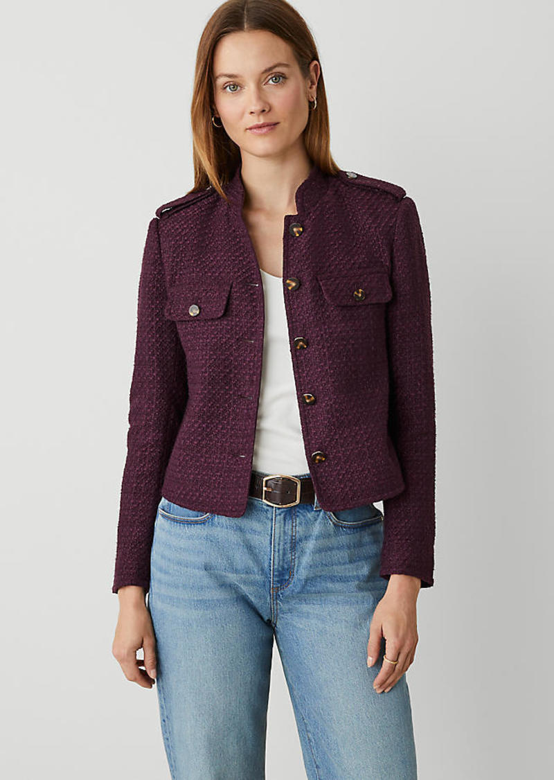 Ann Taylor Petite Tweed Stand Collar Military Jacket