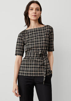 Ann Taylor Plaid Elbow Sleeve Tie Waist Top