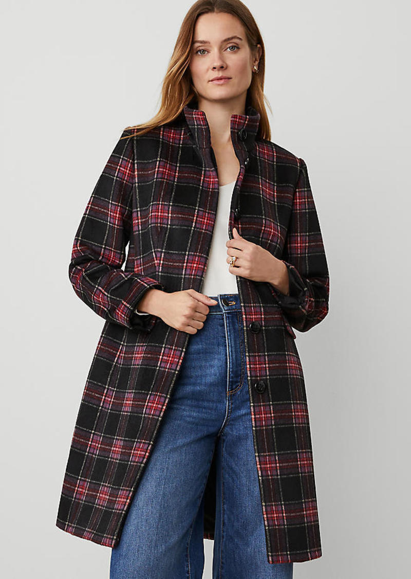 Ann Taylor Plaid Funnel Neck Tailored Coat