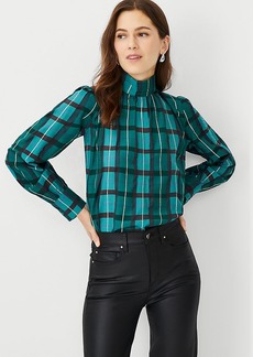 Ann Taylor Shimmer Plaid Pintucked Mock Neck Popover Top
