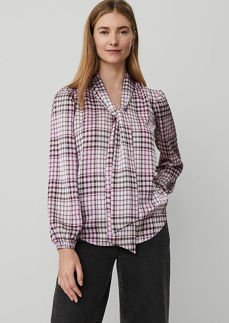 Ann Taylor Plaid Tie V-Neck Popover Top