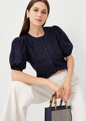 Ann Taylor Cotton Eyelet Pleated Puff Sleeve Shirt