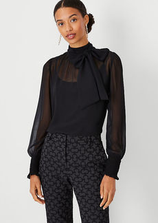 Ann Taylor Sheer Smocked Cuff Bow Blouse