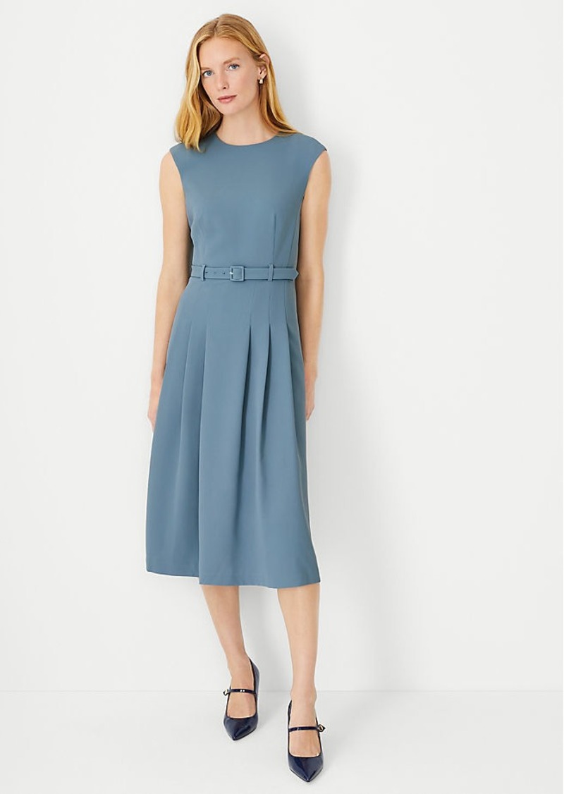 Ann Taylor The Petite Pleated Belted Crew Neck Dress in Fluid Crepe