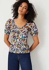 Ann Taylor Floral Puff Sleeve V-Neck Top