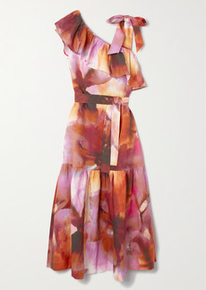 Anna Mason Cirque Asymmetric Ruffled Printed Linen Midi Dress