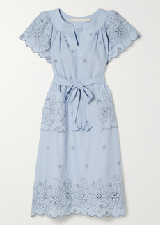 Anna Mason Eugeinie Belted Embroidered Broderie Anglaise Linen Midi Dress