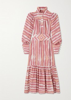 Anna Mason Kasia Belted Ruffled Striped Linen Midi Dress