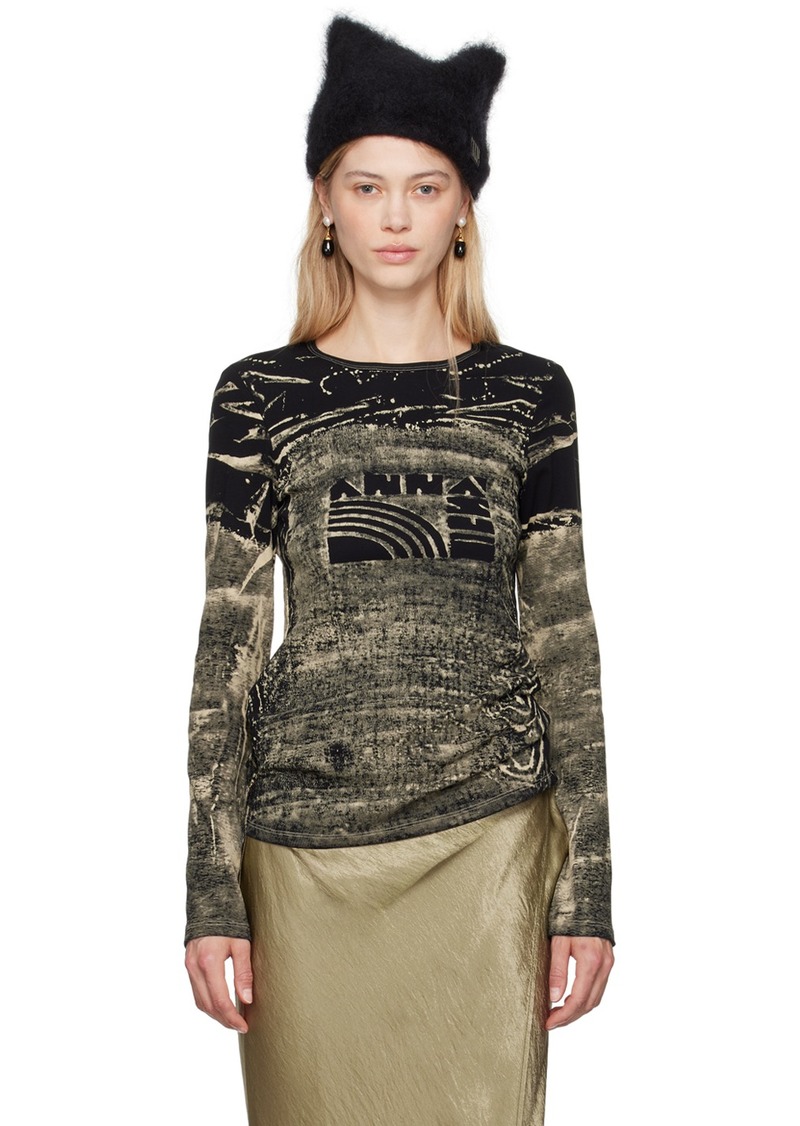 Anna Sui Black & Khaki Bleached 'Anna Sui' Long Sleeve T-Shirt