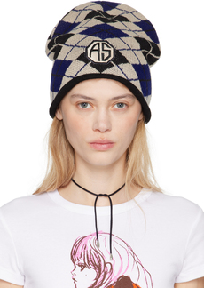 Anna Sui Blue & Beige Argyle Patch Beanie