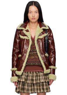 Anna Sui Brown Curly Trim Faux-Leather Jacket