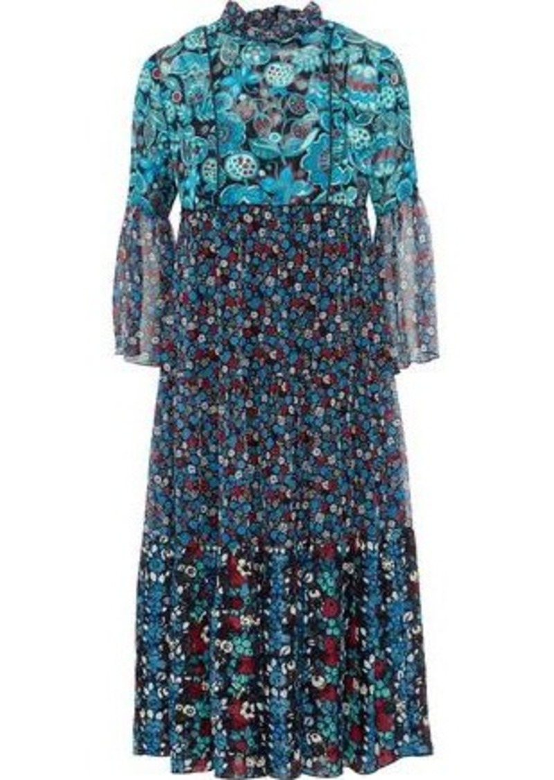 Anna Sui Woman Gathered Printed Jacquard And Georgette Midi Dress Blue