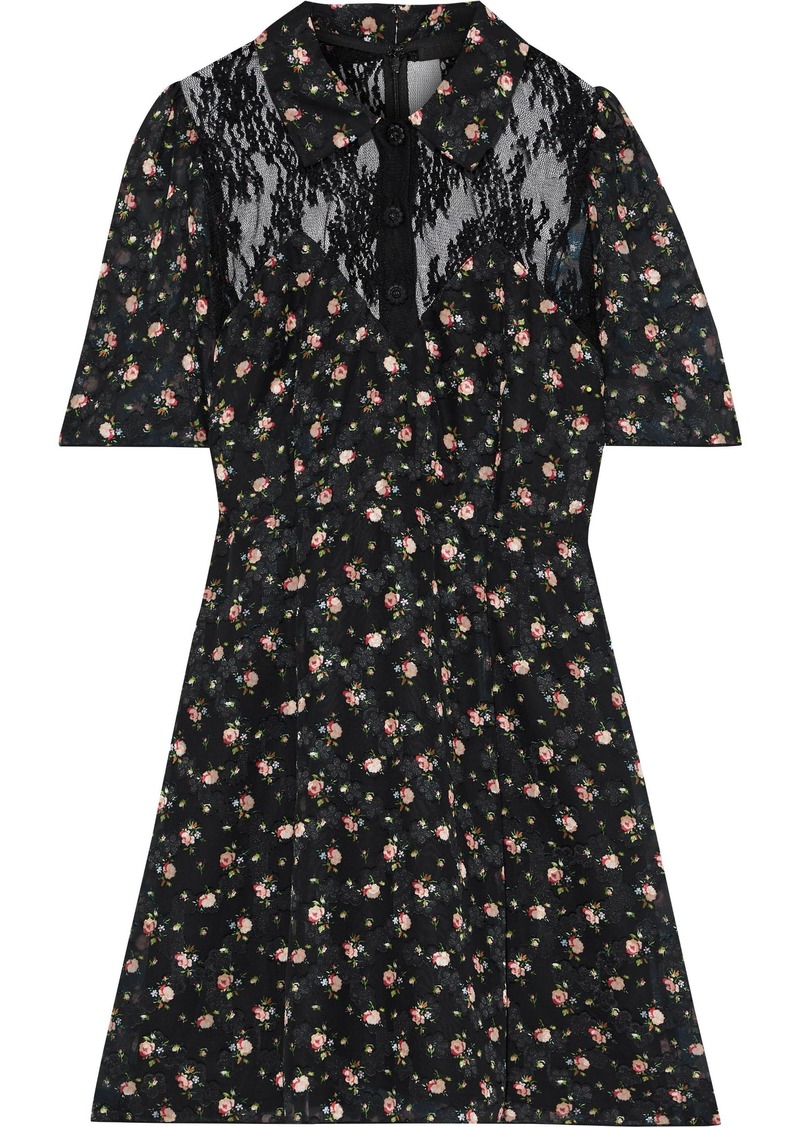 Anna Sui Woman Lace-paneled Floral-print Fil Coupé Mini Shirt Dress Black