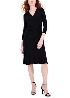Ak Anne Klein Petite 3/4-Sleeve Faux-Wrap Dress - Solid Black