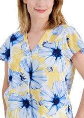 Ak Anne Klein Petite Floral Print Pleat-Front Flutter-Sleeve Top - Shore Blue/Yellow Multi