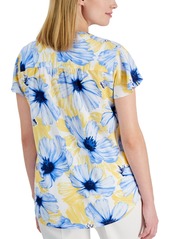 Ak Anne Klein Petite Floral Print Pleat-Front Flutter-Sleeve Top - Shore Blue/Yellow Multi