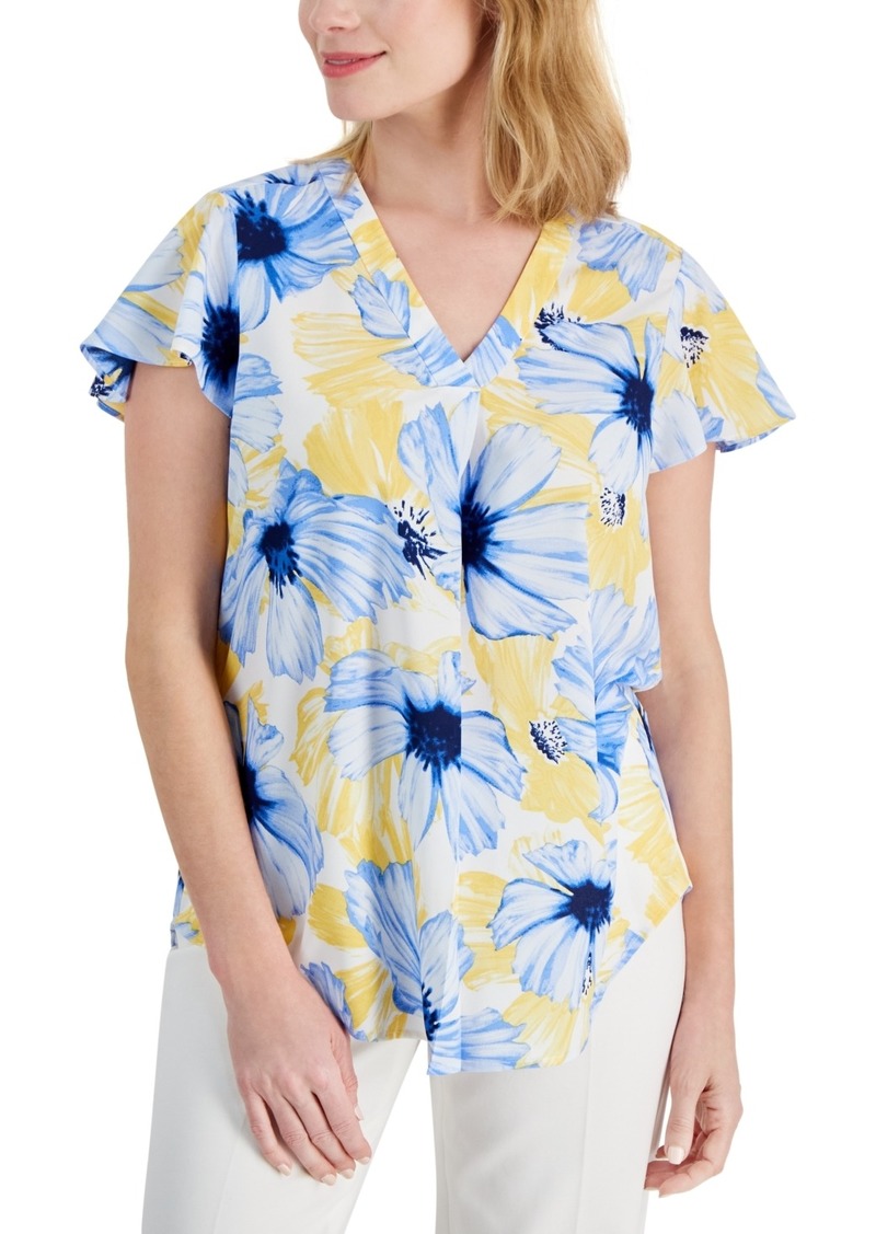 Ak Anne Klein Petite Floral Print Pleat-Front Flutter-Sleeve Top - Shore Blue/Yellow Multi