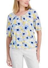 Ak Anne Klein Petite Floral Print Scoop-Neck Elbow-Sleeve Top - Shore Blue/Yellow Multi