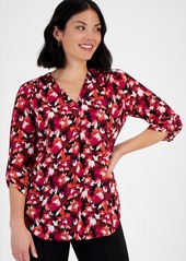 Ak Anne Klein Petite Printed V-Neck Pleat-Front Blouse - Elderberry