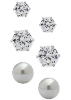 Anne Klein 3-Pc. Set Crystal and Imitation Pearl Stud Earrings - Silver