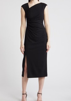 Anne Klein Asymmetric Neck Ruched Fitted Midi Dress