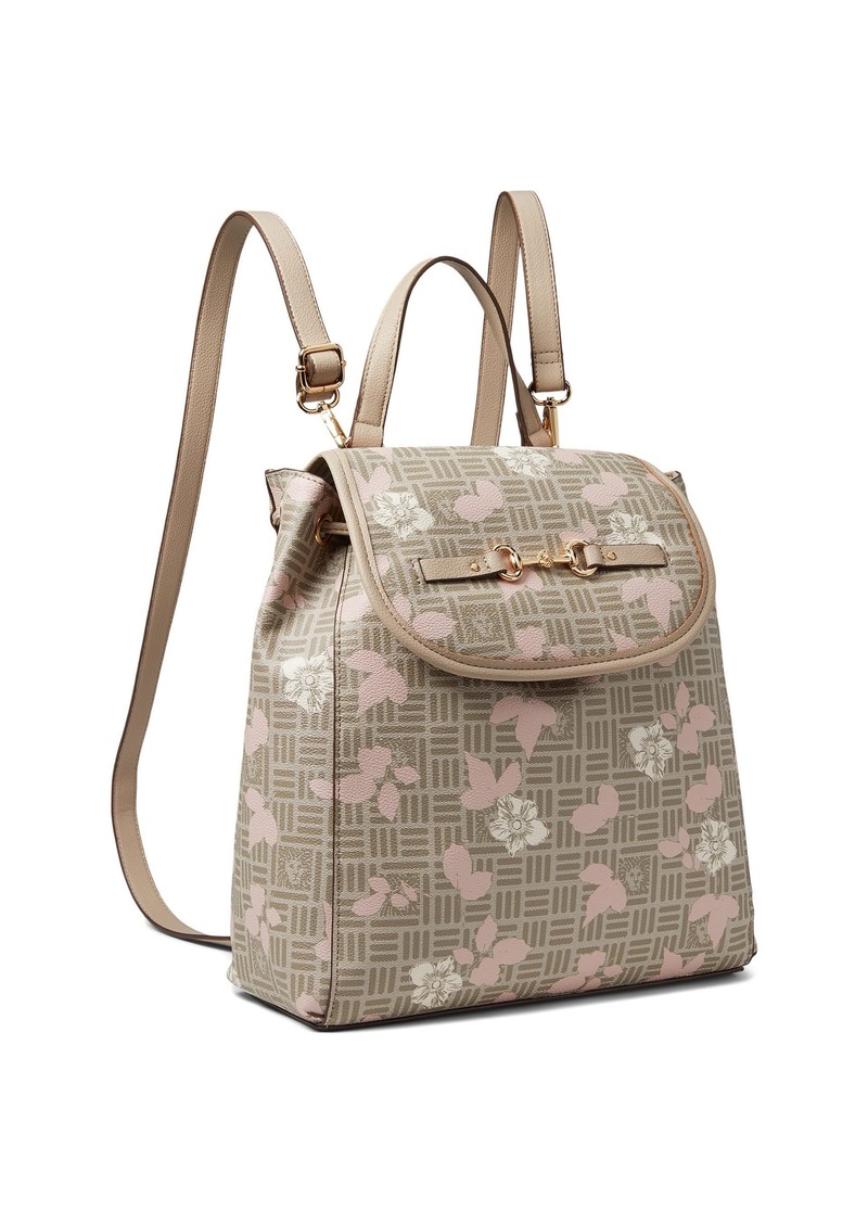 Anne Klein Flap Backpack with Floral Overlay Stone-Gardenia Multi/Stone