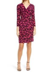 Anne Klein Floral Long Sleeve Wrap Front Knit Dress in Elderberry Combo at Nordstrom