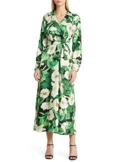 Anne Klein Floral Print Long Sleeve Faux Wrap Midi Dress